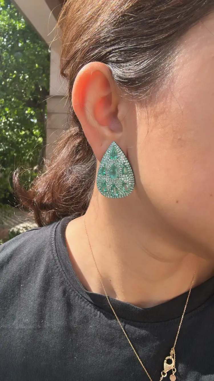 Natural Zambian Emerald & Diamond Pear Shape Earrings - 18k White Gold Earrings With Green Rhodium