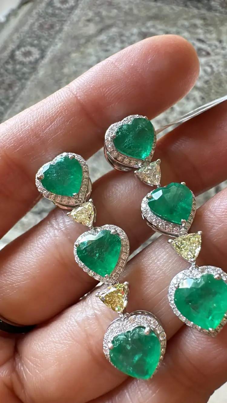18K Gold, 8.26 carat, natural Zambian Emeralds & Diamonds Dangle Earrings