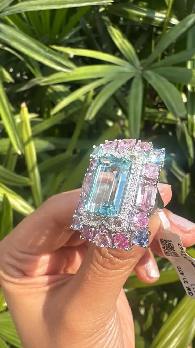 Natural Aquamarine & Multi Sapphire Gemstone Statement Ring - 18k White Gold Diamond Wedding Ring