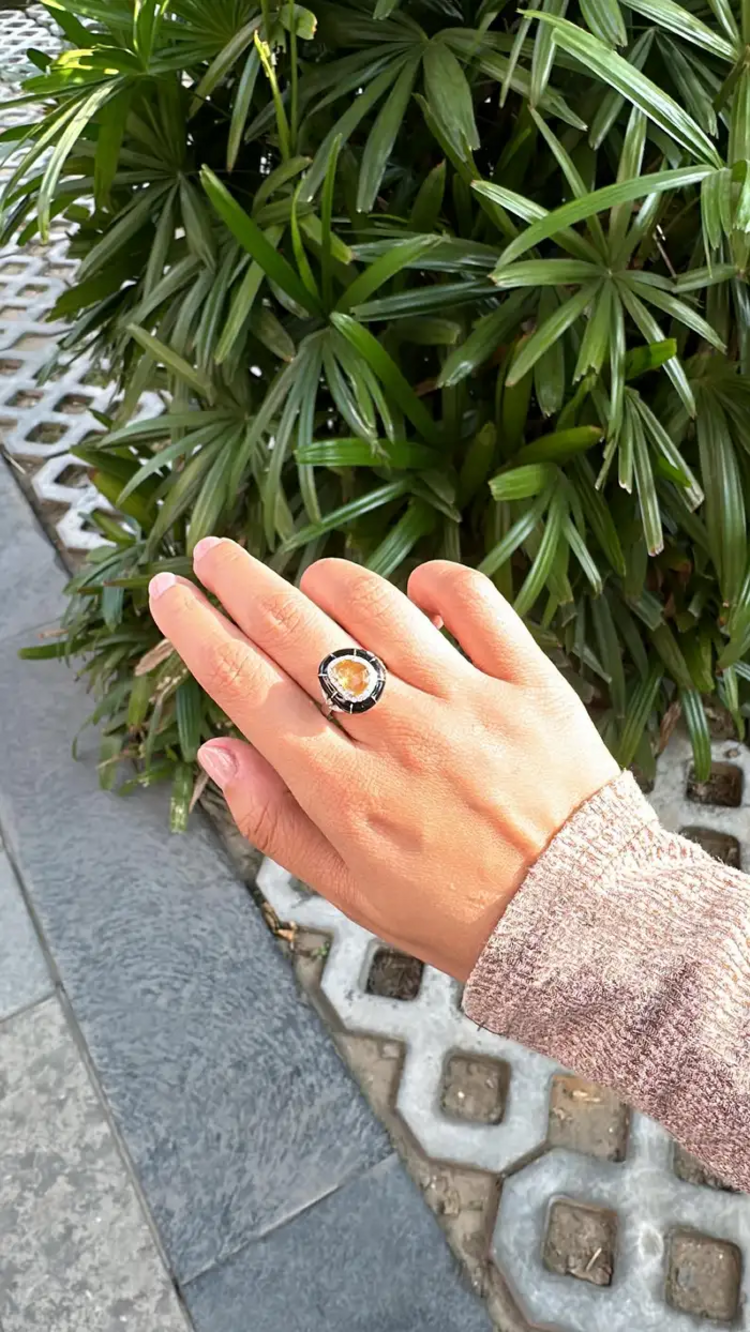 Ceylon Yellow Sapphire & Black Enamel Tiny Ring - 18k White Gold, Diamond Handmade Ring
