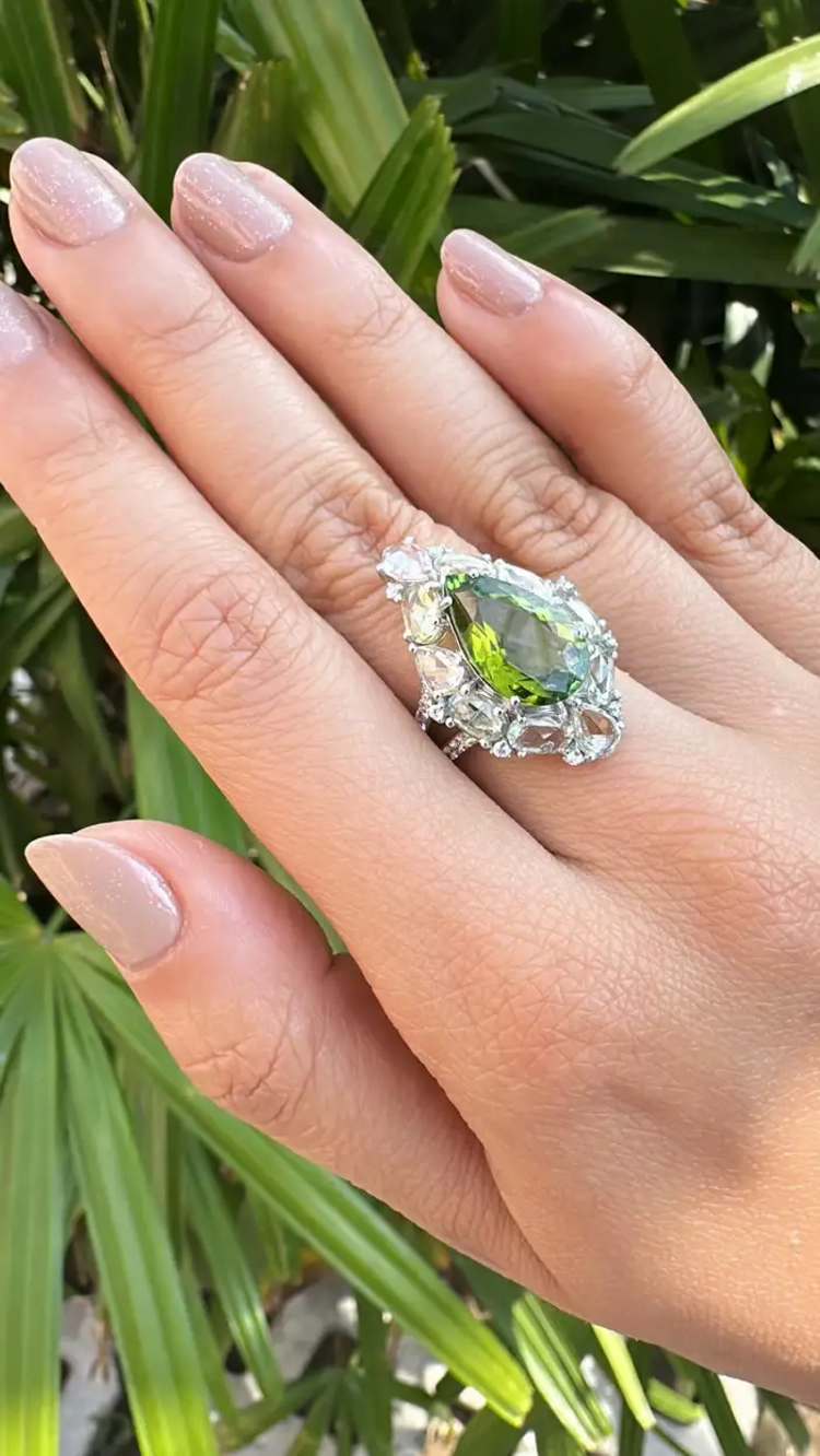Natural Tourmaline & White Sapphire Ring - 18k White Gold Diamond Handmade Ring