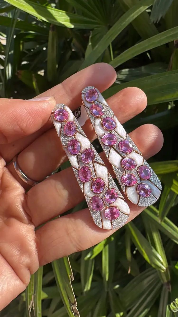 18k Rose Gold Diamond Dangle Earrings - Natural Ceylon Pink Sapphire & White Enamel Women Earrings