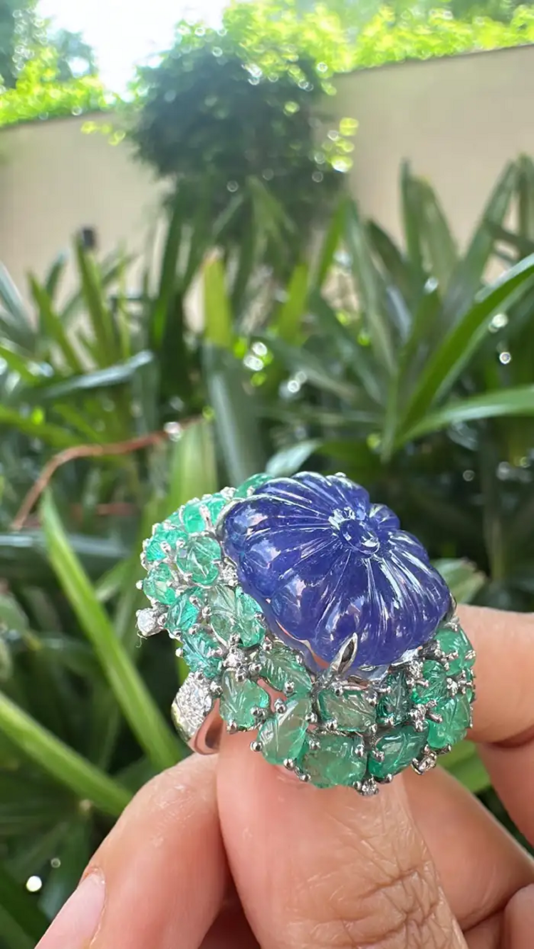 18k White Gold Diamond Statement Ring - Natural Tanzanite & Zambian Emerald Cocktail Ring