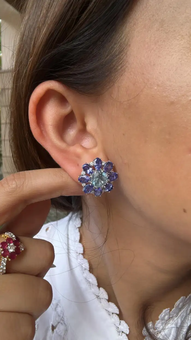 Natural Aquamarine & Tanzanite Gemstone Stud Earrings - 18k White Gold Diamond Handmade Earrings