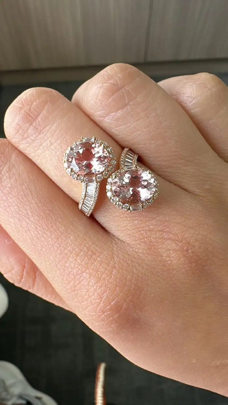 Natural Morganite & Tapered Diamond Wrap Ring - Handmade 18k Rose Gold Toi et Moi Ring