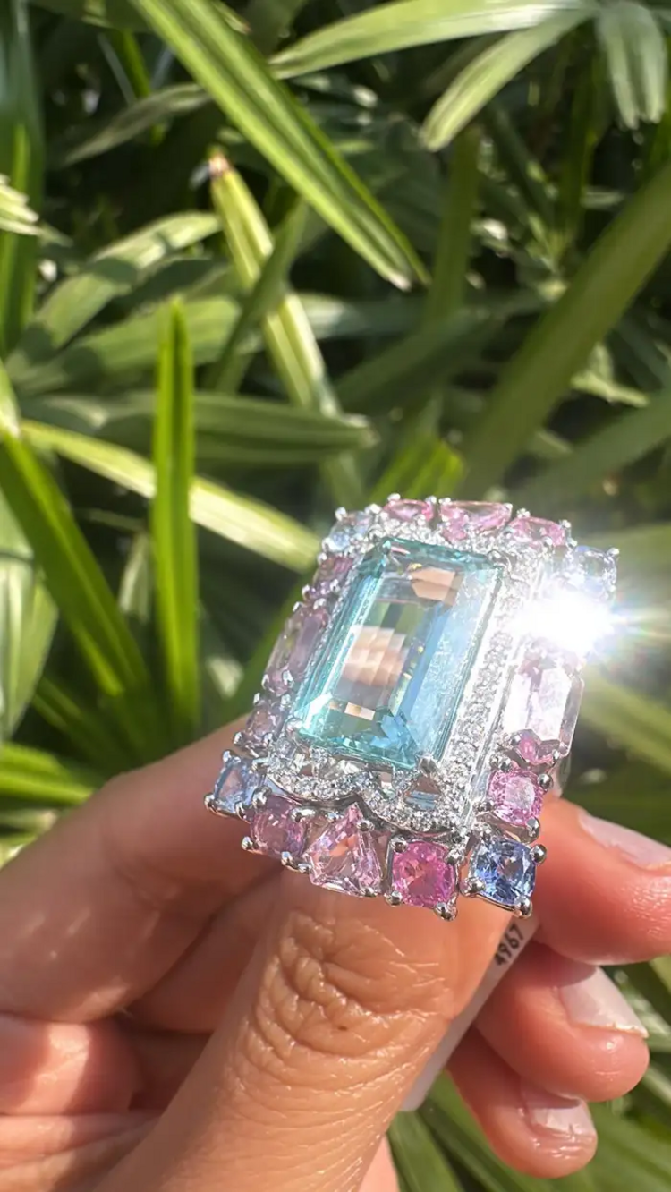 Natural Aquamarine & Multi Sapphire Gemstone Statement Ring - 18k White Gold Diamond Wedding Ring