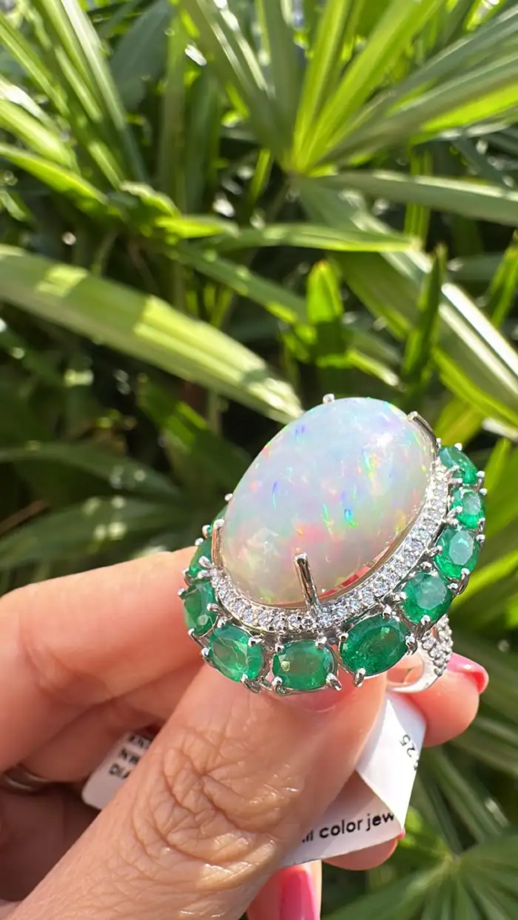 Natural Ethiopian Opal & Zambian Emerald Cocktail Ring - 18k White Gold Diamond Wedding Ring