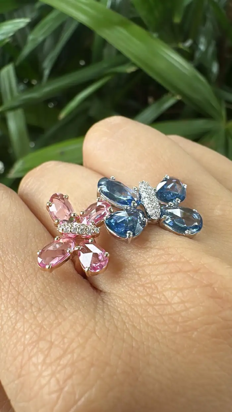 18k Gold Diamond Engagement Ring - Natural Ceylon Pink & Blue Sapphire Stackable Ring
