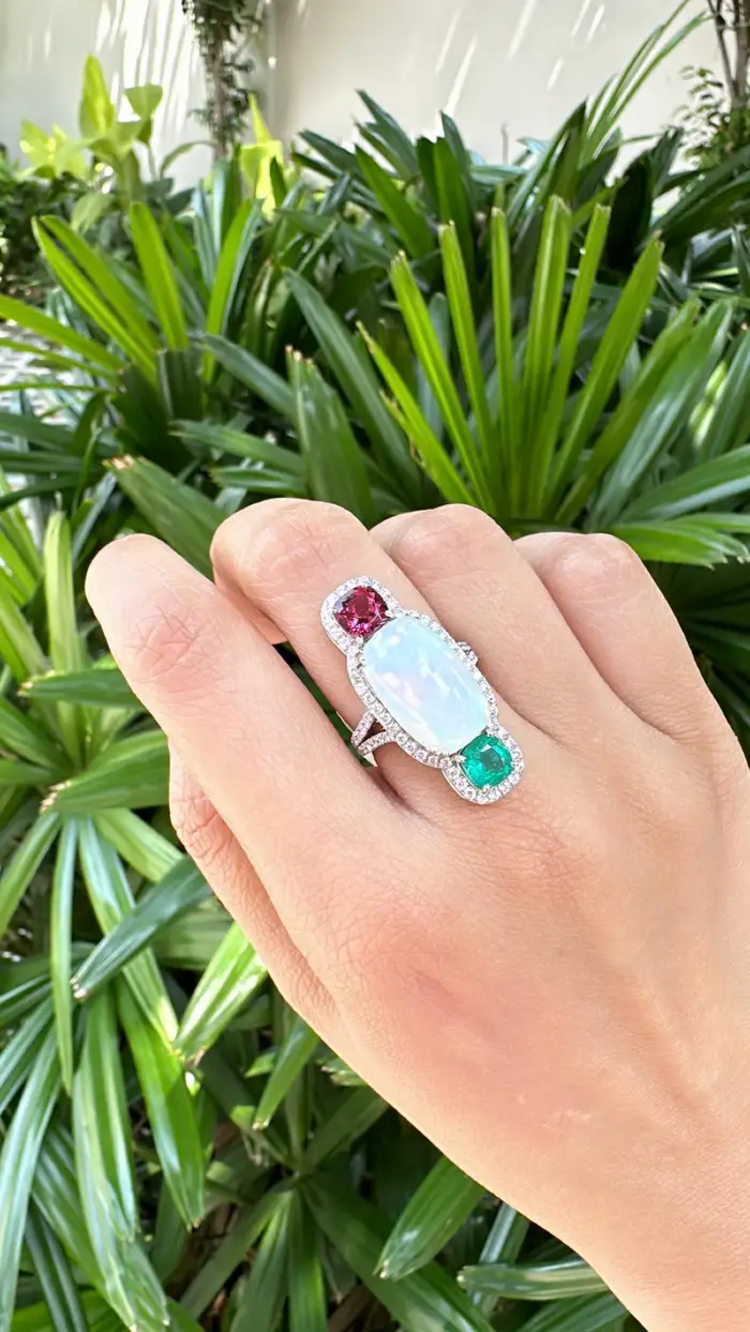 0.84 Ct. Round Cut Diamond 18k White Gold Wedding Ring Natural Ethiopian Opal, Zambian Emerald & Rubellite Gemstone Jewelry Gift