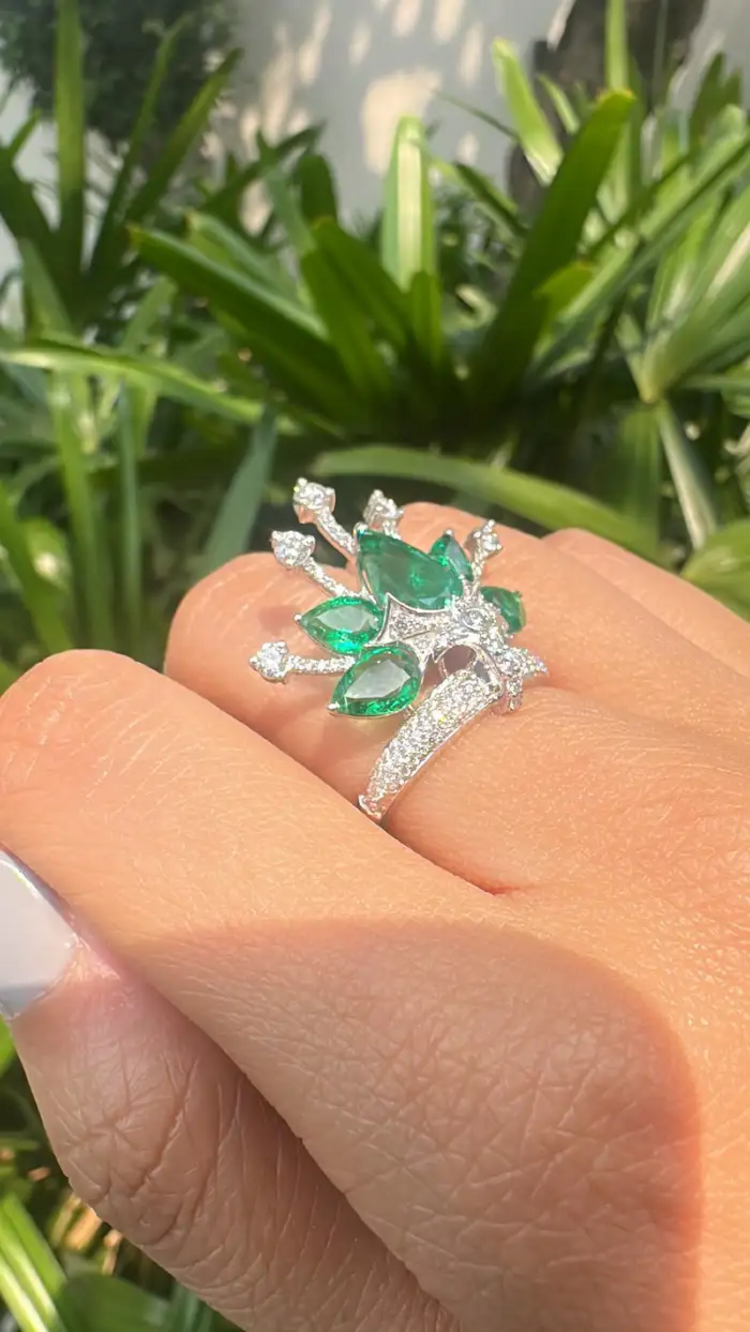 18k White Gold Diamond Crown Ring - Natural 3.80 Ct Zambian Emerald Wedding Ring
