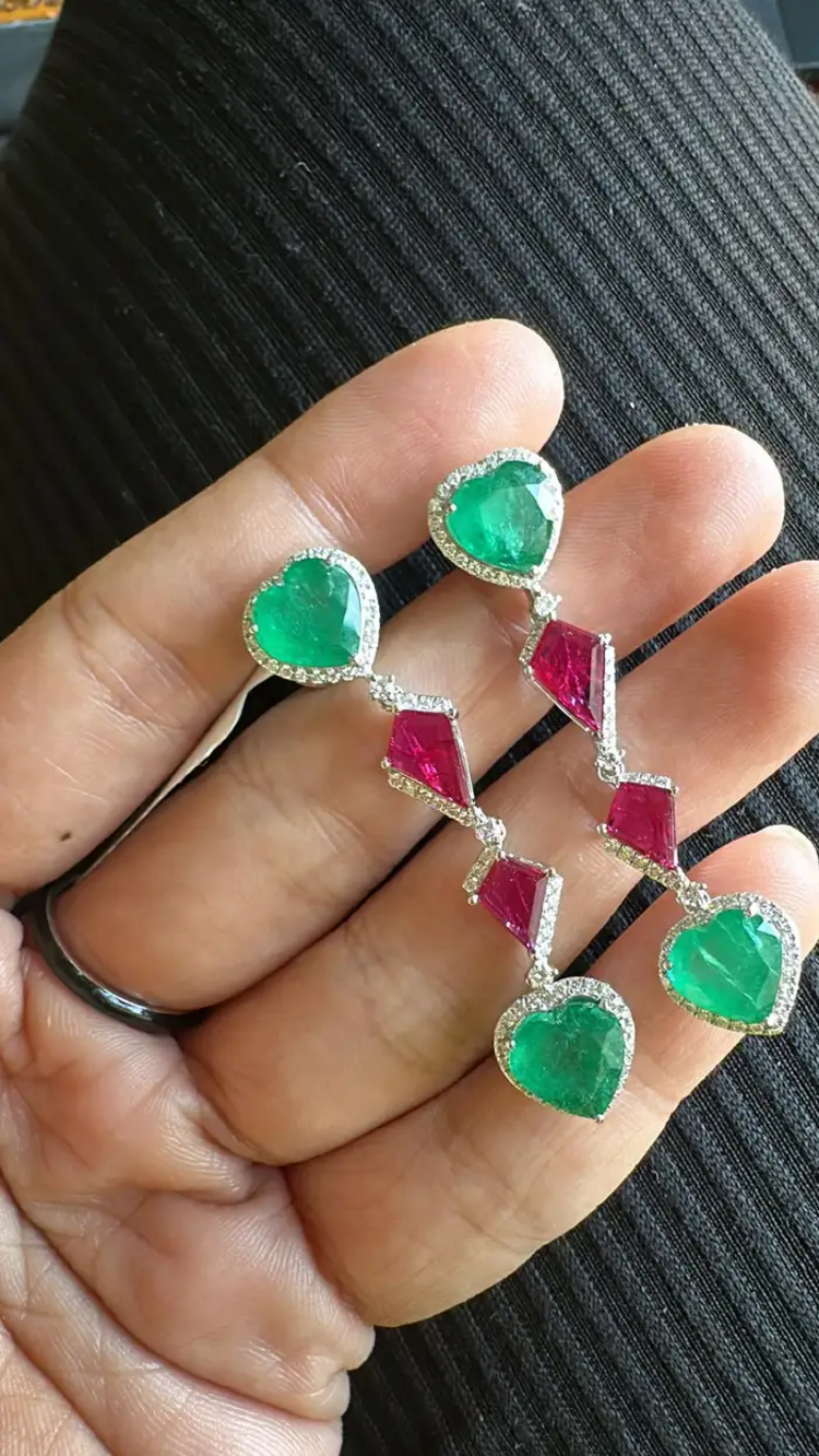 18k White Gold Diamond Chandelier Earrings - Heart Shape Zambian Emerald & Ruby Dangle Women Earrings