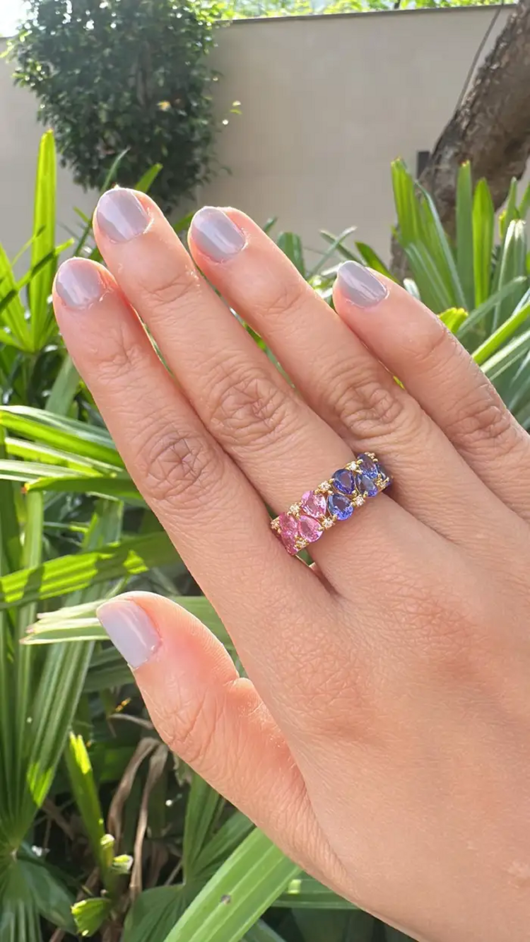 Natural Pink Sapphire, Zambian Emerald & Tanzanite Band Ring - 18k Yellow Gold Diamond Wedding Ring