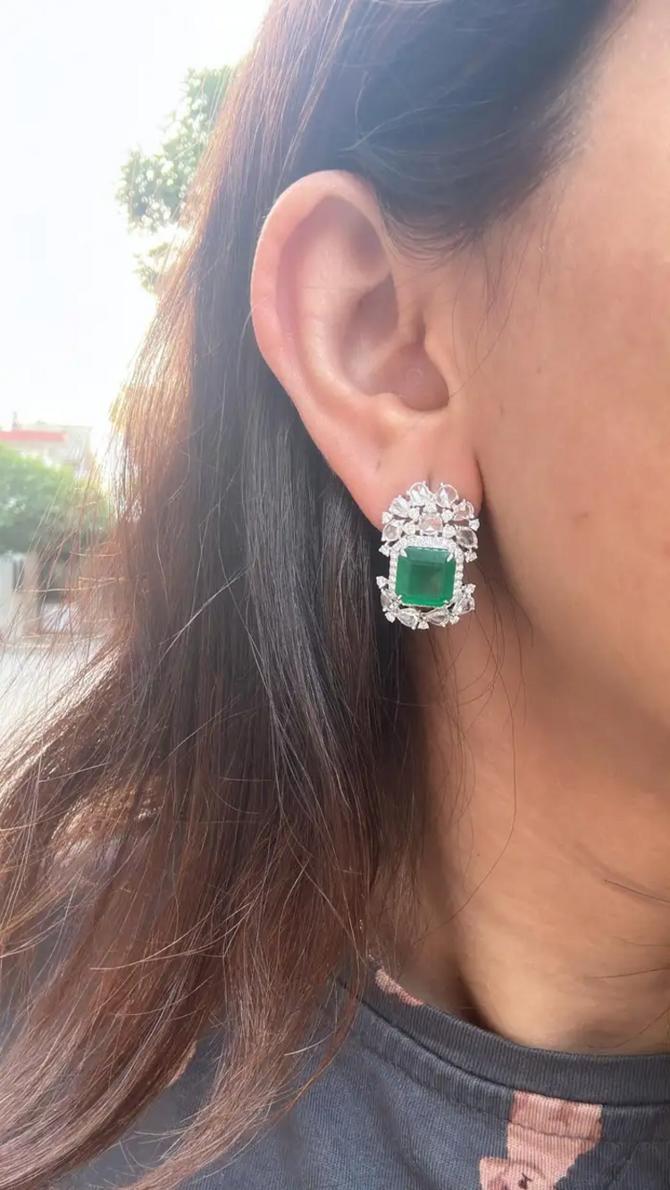 18k White Gold Handmade Minimalist Earrings - Natural Zambian Emerald Diamond Tiny Stud Earrings