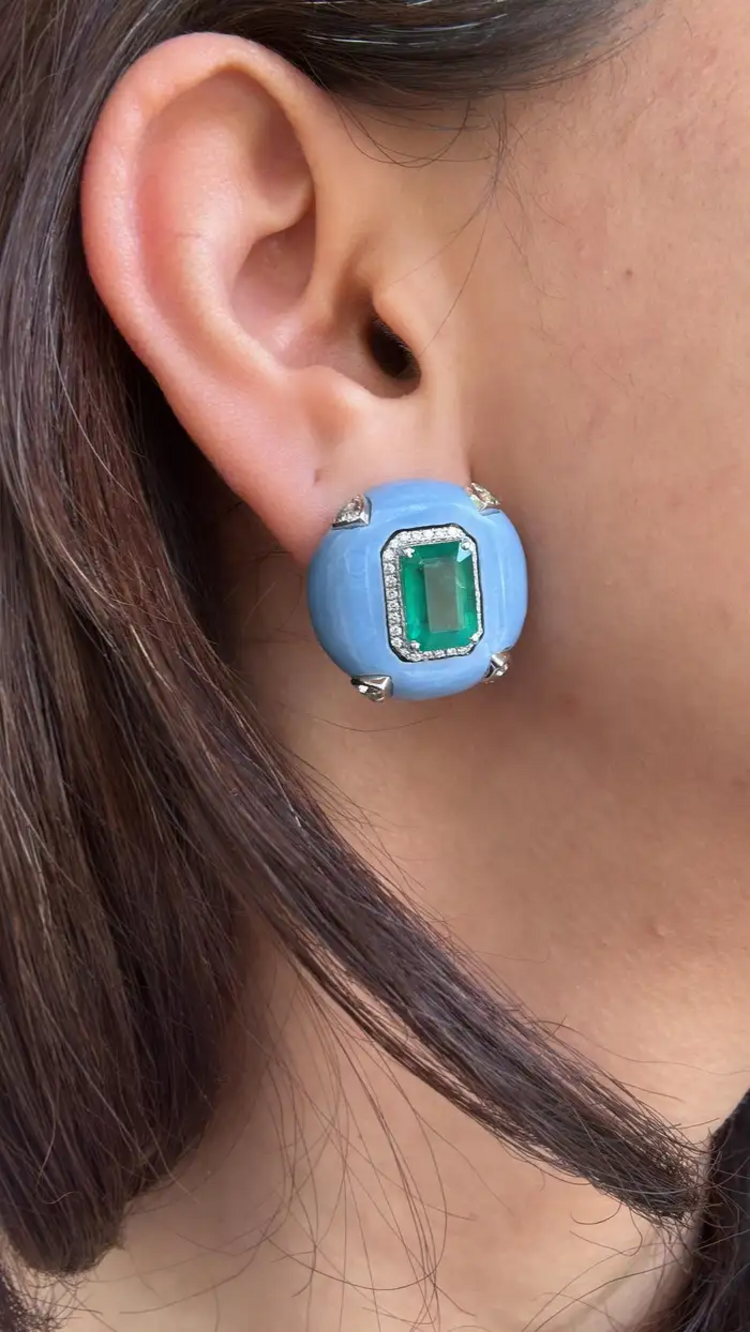 Natural Zambian Emerald & Blue Opal Stud Earrings - 18k White Gold Diamond Earrings