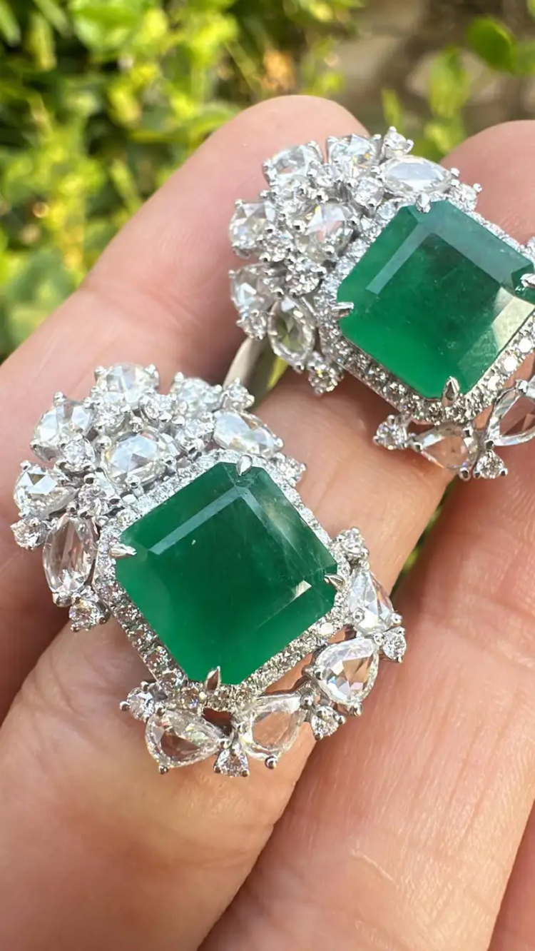18k White Gold Handmade Minimalist Earrings - Natural Zambian Emerald Diamond Tiny Stud Earrings