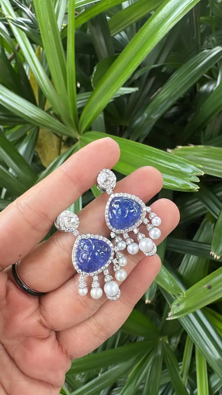 18k White Gold Diamond Dangle Earrings - Natural Tanzanite & Freshwater Pearl Earrings