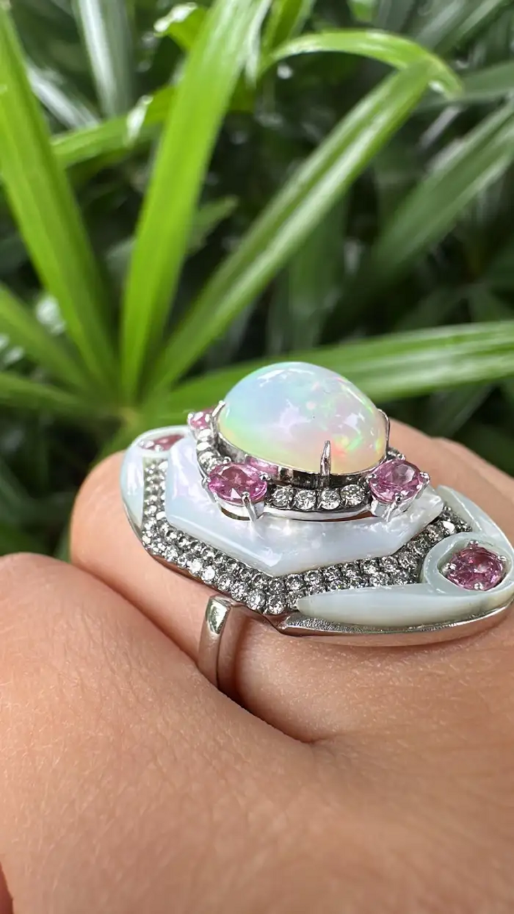 Ethiopian Opal, Mother Of Pearl & Pink Sapphire Cocktail Ring - 18k White Gold Diamond Statement Ring