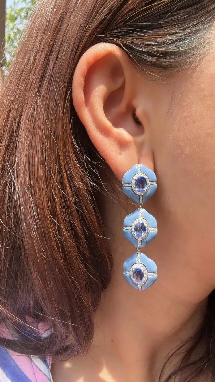 Natural Ceylon Blue Sapphire & Blue Opal Dangle Earrings - 18k White Gold Diamond Women Earrings