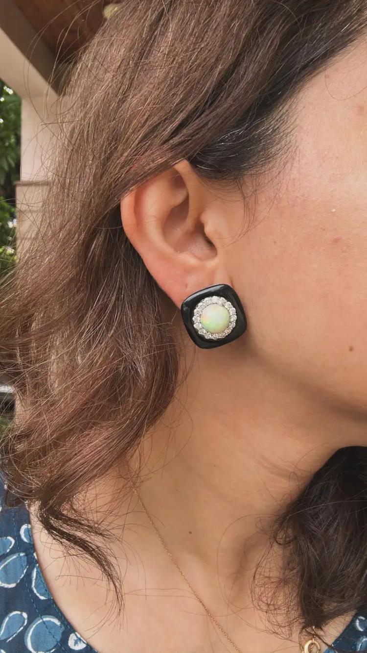 Natural Black Onyx & Ethiopian Opal Stud Earrings - 18k White Gold Diamond Handmade Earrings