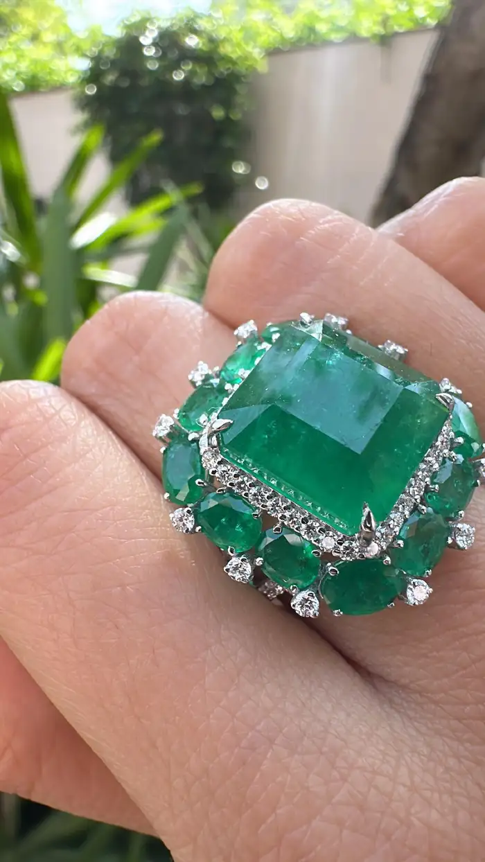 Natural Zambian Emerald & Diamond Wedding Anniversary Ring - 18k White Gold Handmade Women Ring