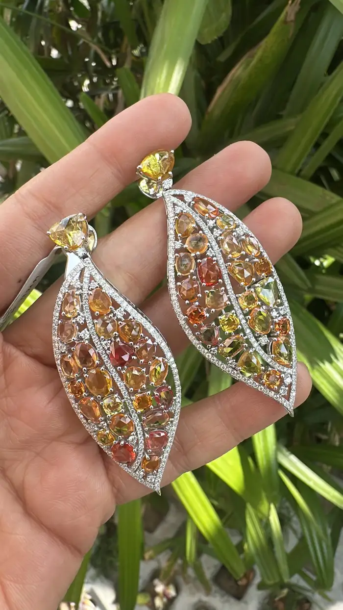 18k White Gold Diamond Dangle Earrings - Natural Yellow Sapphire Gemstone Women Earrings
