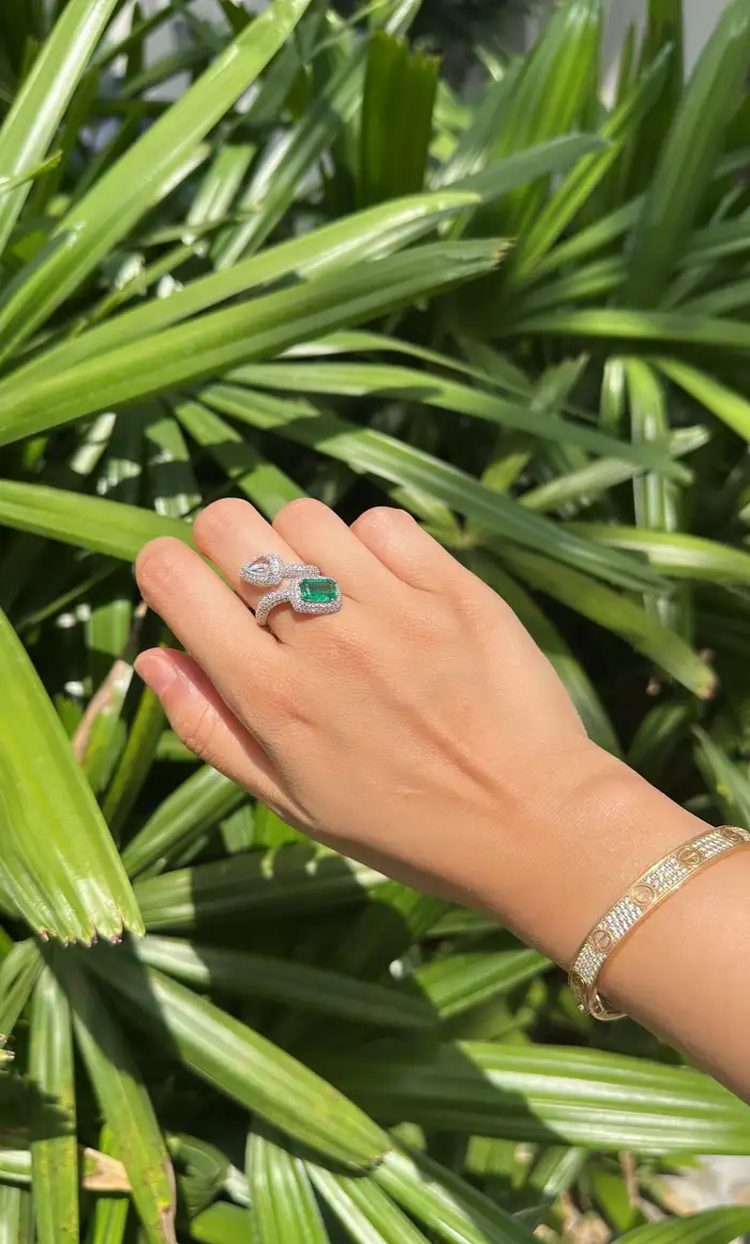 Zambian Emerald & Rose Cut Diamond Ring - 18k White Gold Handmade Wedding Ring