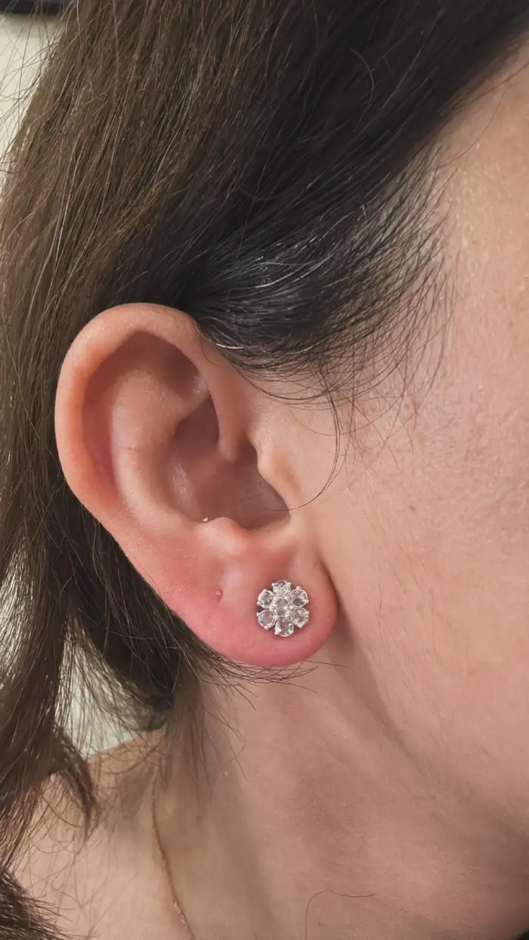 18k White Gold Diamond Stud Earrings - Natural Tanzanite & Rose Cut Diamonds Earrings