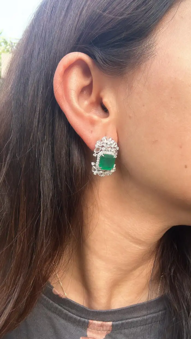 18k White Gold Handmade Minimalist Earrings - Natural Zambian Emerald Diamond Tiny Stud Earrings
