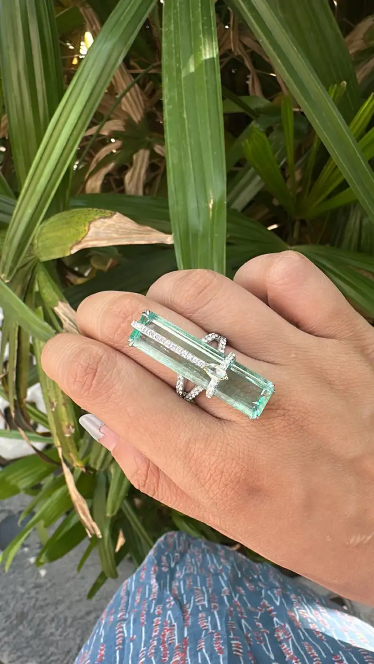 Natural Emerald & Rose Cut Diamond Wedding Ring - 18k White Gold Diamond Ring