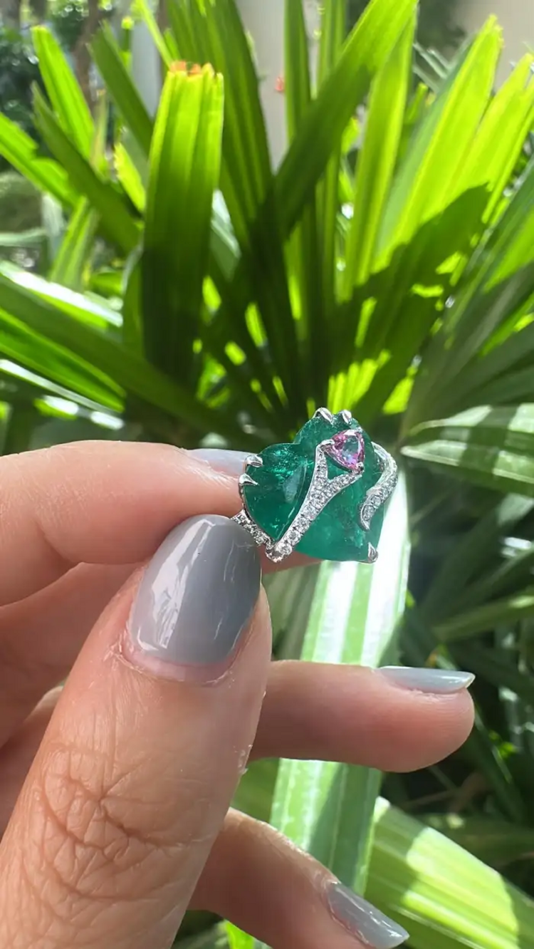 Heart Shape Zambian Emerald Gold Ring - 18k White Gold & Pink Sapphire Engagement Ring