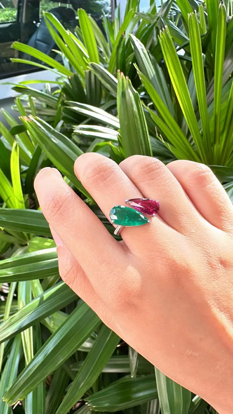 18k White Gold Diamond Cuff Ring - Natural Rubellite & Zambian Emerald Women Ring