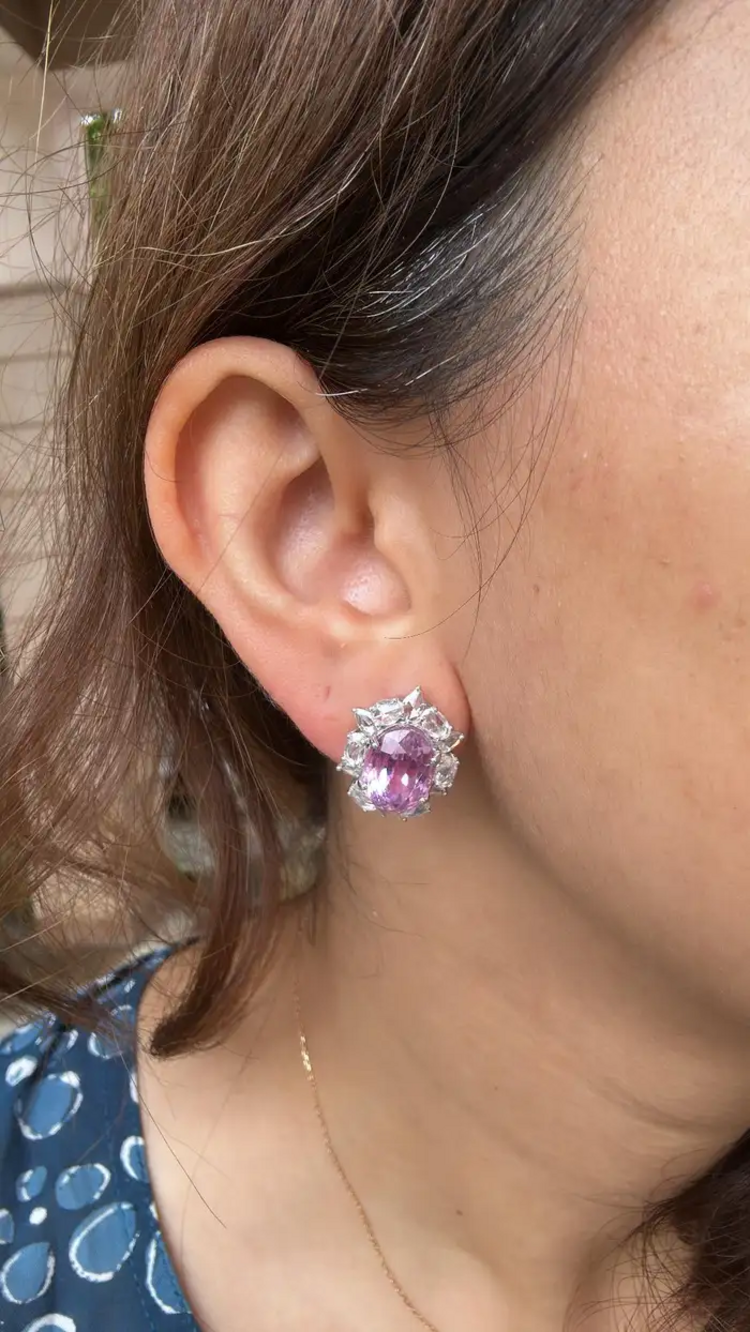 11.26 Ct. Kunzite Stud Earrings - 18k White Gold Rose Cut Diamond Earrings