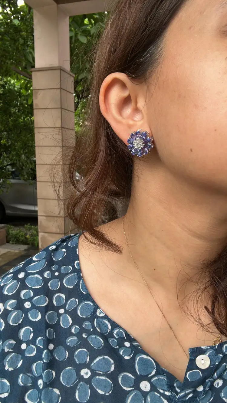 18k White Gold Diamond Stud Earrings - Natural Tanzanite & Rose Cut Diamonds Earrings