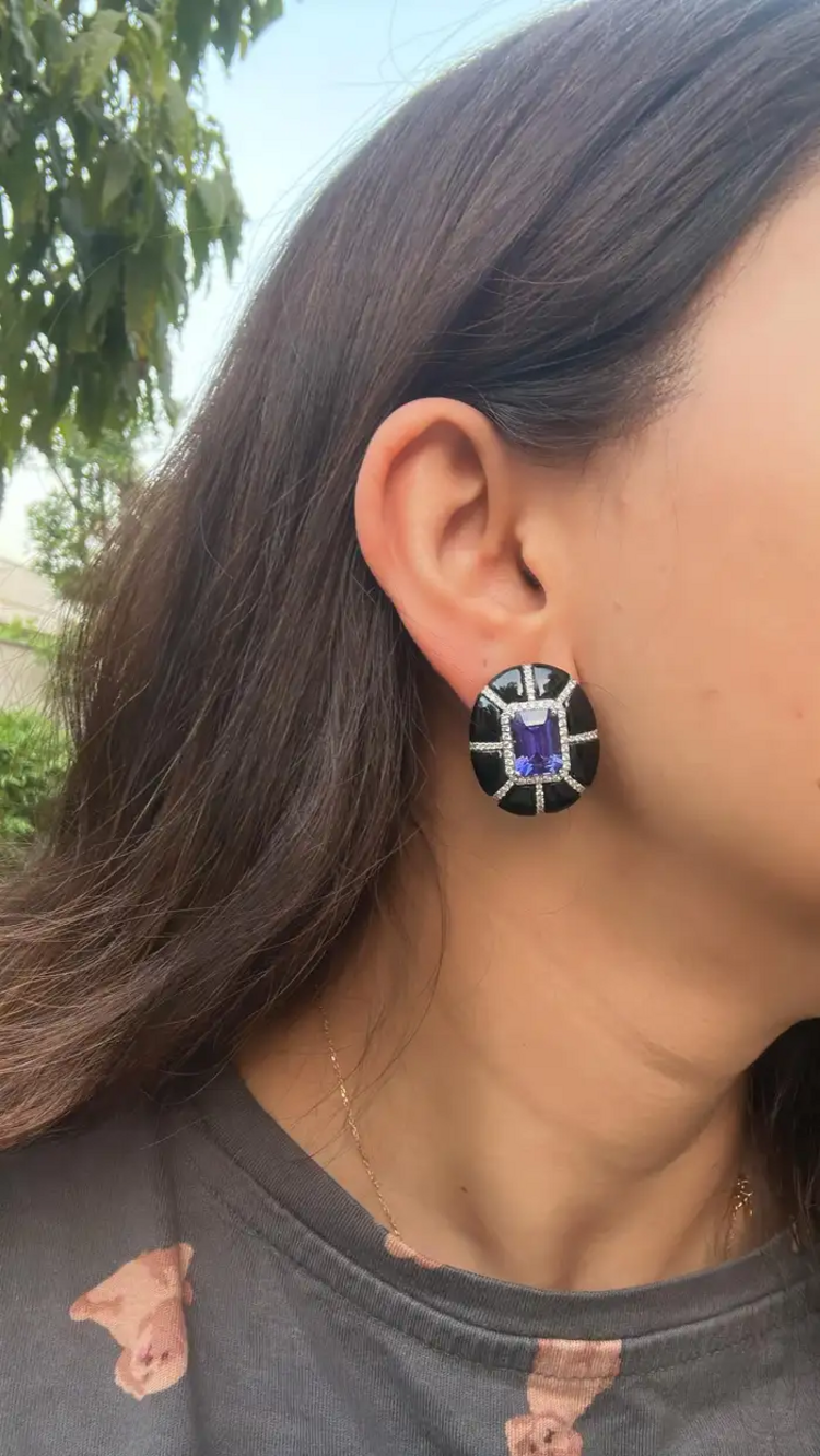 9.24 Ct. Natural Tanzanite Stud Earrings - 18k White Gold Handmade Earrings - Gold Diamond Women Earrings - Black Onyx Earrings