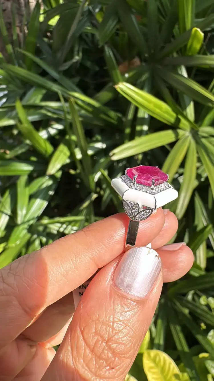 Mozambique Ruby & Diamond Ring - 18k White Gold Handmade Ring With White Enamel