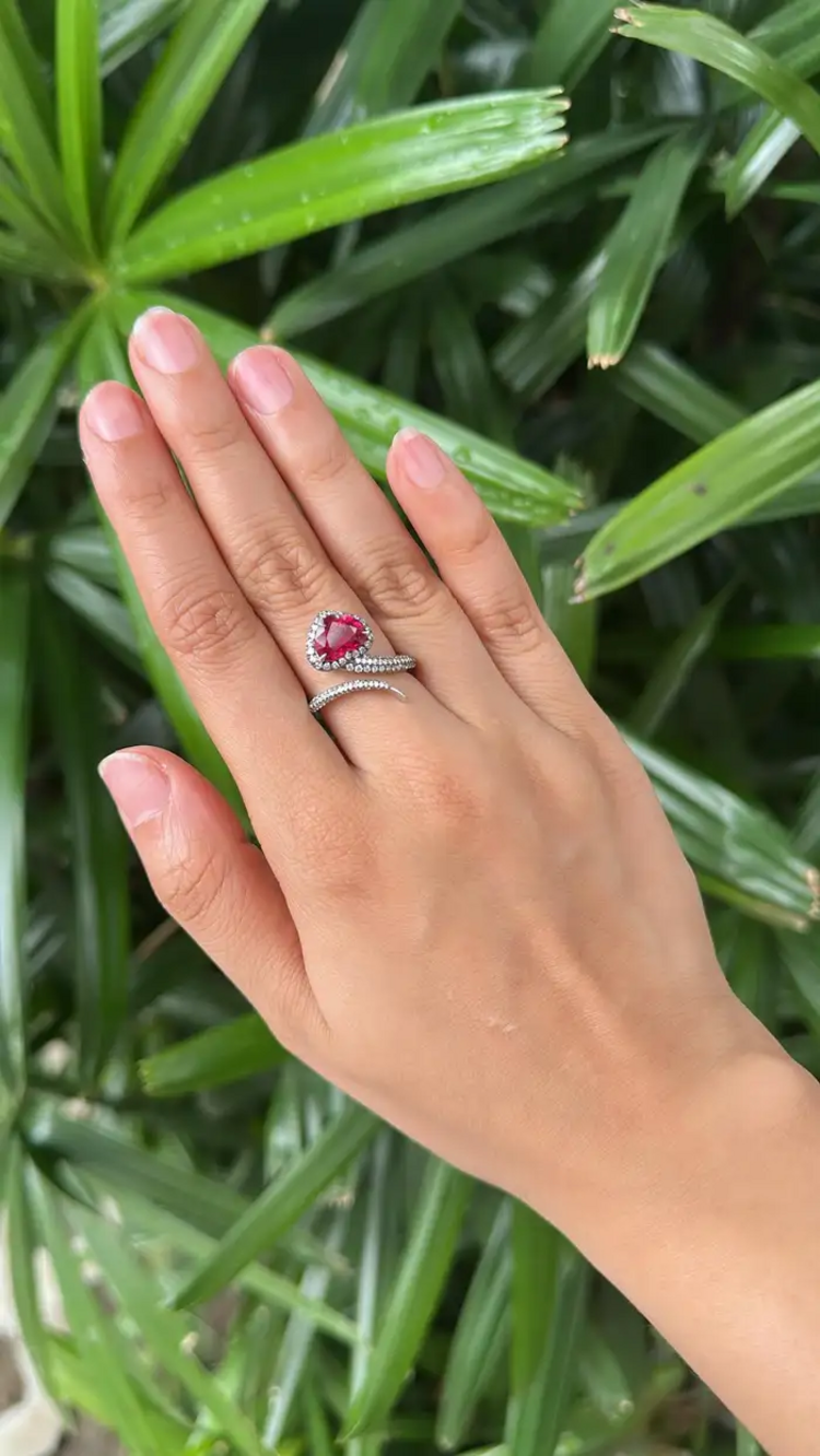 18k White Gold Diamond Ring - Natural Rubellite Gemstone Engagement Ring
