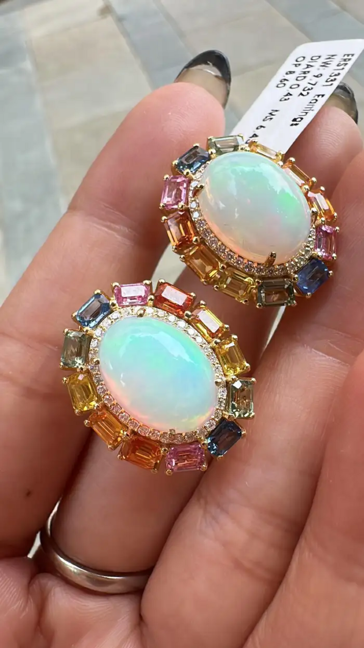 Ethiopian Opal & Ceylon Multi Sapphire Stud Earrings - 18k Yellow Gold Diamond Earrings