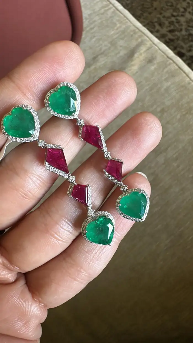 18k White Gold Diamond Chandelier Earrings - Heart Shape Zambian Emerald & Ruby Dangle Women Earrings