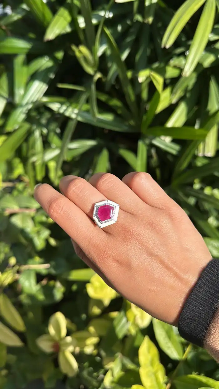 Mozambique Ruby & Diamond Ring - 18k White Gold Handmade Ring With White Enamel