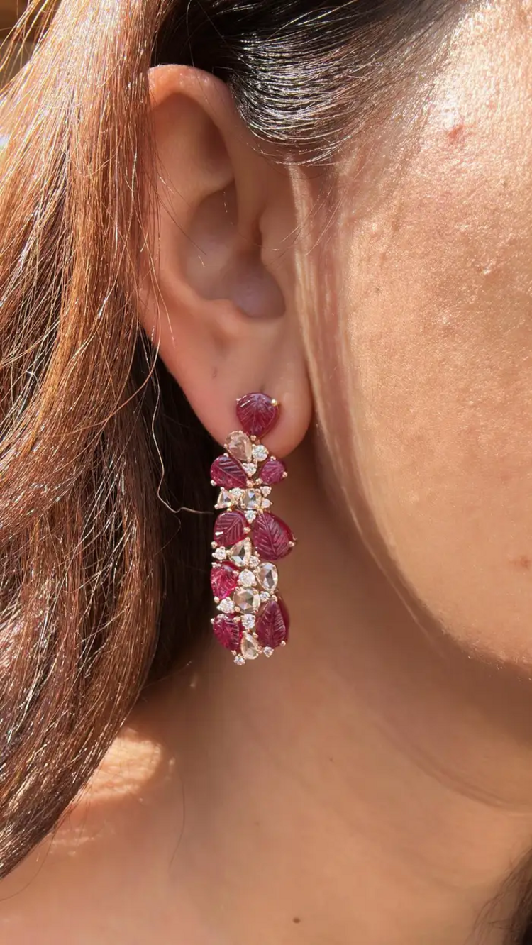 18k Rose Gold Mozambique Ruby Dangle Earrings - Natural Rose Cut Diamond Chandelier Earrings