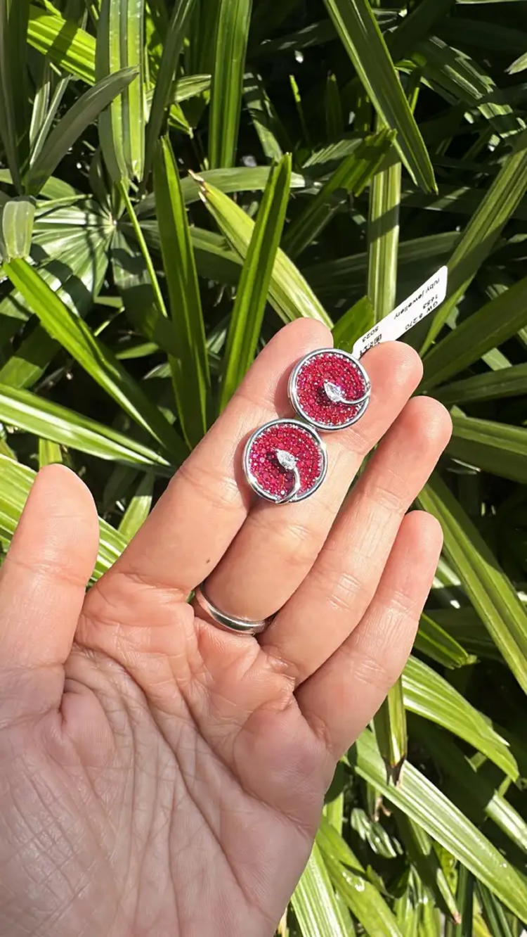 Natural Ruby Gemstone Round Stud Earrings - 18k White Gold Diamond Tiny Earrings