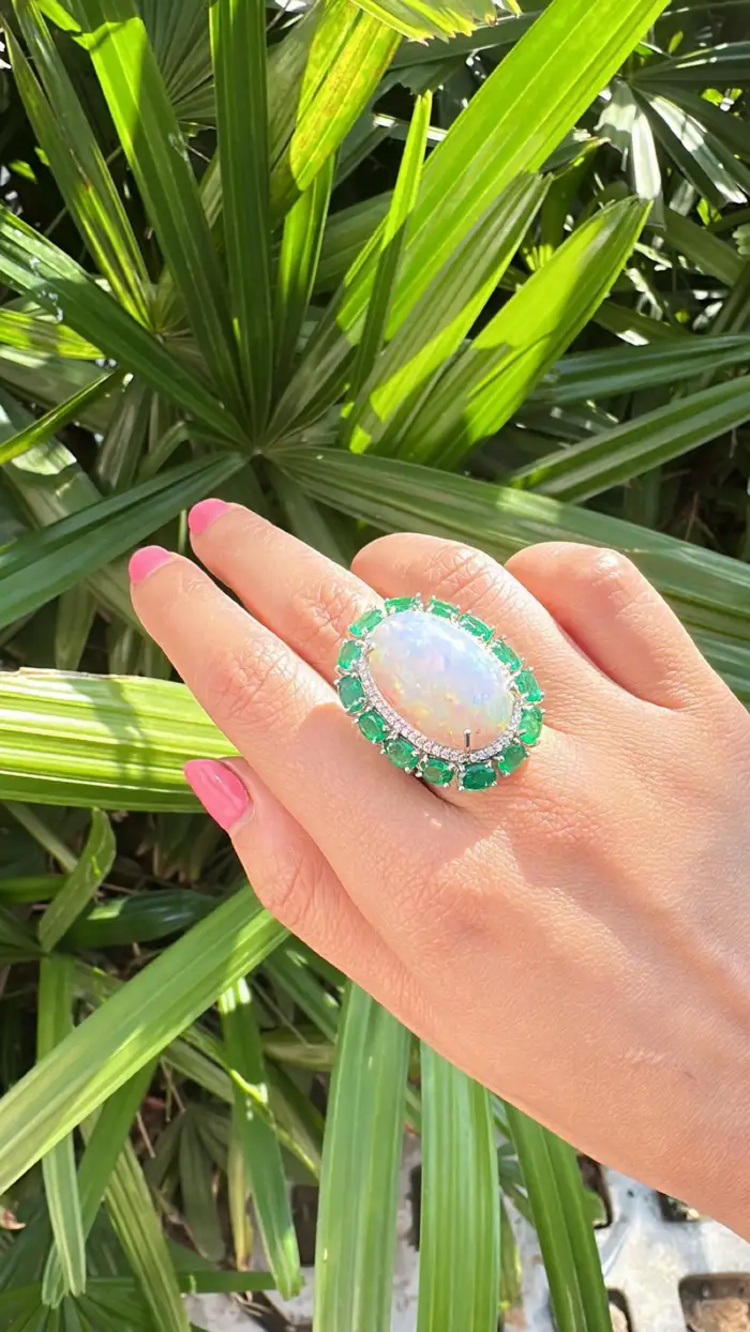 Natural Ethiopian Opal & Zambian Emerald Cocktail Ring - 18k White Gold Diamond Wedding Ring