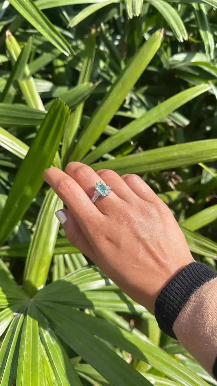 Natural Aquamarine & Zambian Emerald Engagement Ring - 18k White Gold Handmade Ring
