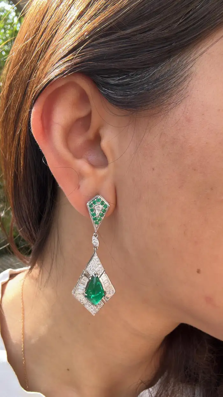 Natural Zambian Emerald Dangle Earrings - 18k White Gold Diamond Handmade Earrings