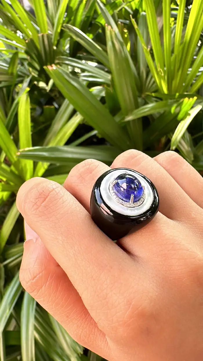 18k White Gold Ring - Natural Tanzanite & Mother Of Pearl Ring - Gold Diamond Cocktail Ring - Black Onyx Ring - Diamond Women Ring