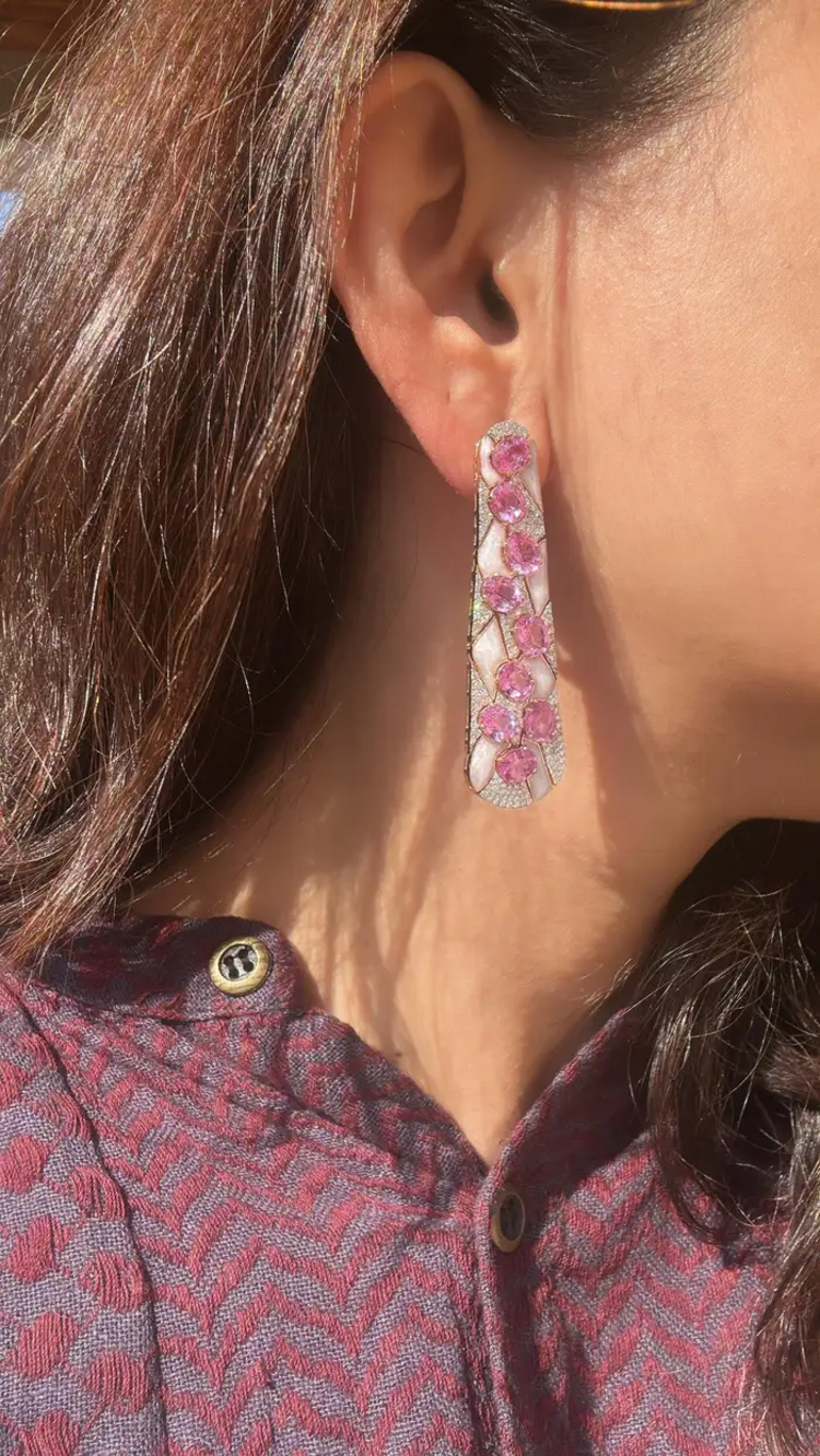 18k Rose Gold Diamond Dangle Earrings - Natural Ceylon Pink Sapphire & White Enamel Women Earrings