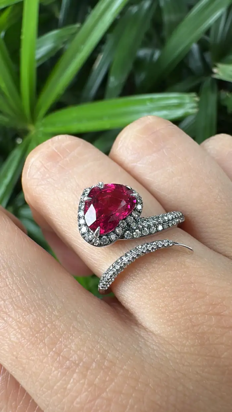 18k White Gold Diamond Ring - Natural Rubellite Gemstone Engagement Ring