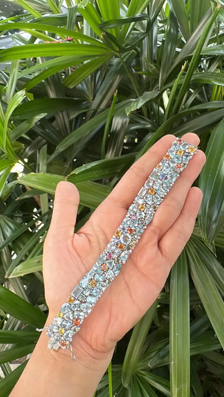 18k White Gold Diamond Statement Bracelet - Natural Aquamarine & Multi Sapphire Bracelet