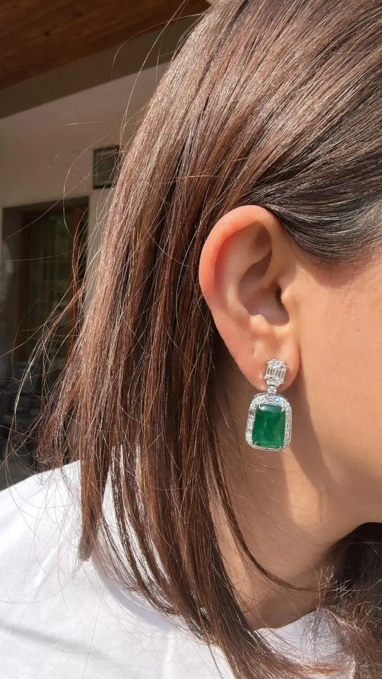 Emerald Cabochons & Diamonds Dangle Earrings - 18k White Gold Handmade Women Earrings