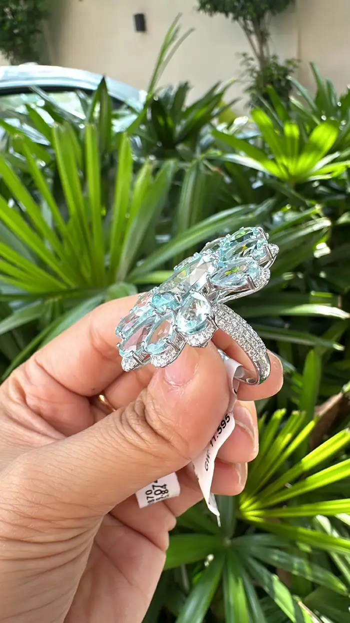 Set in 18K White Gold, 16.20 carats Aquamarine & Diamond oversized Cocktail Ring